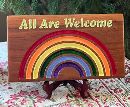 All Are Welcome Rainbow Pride Wood Sign