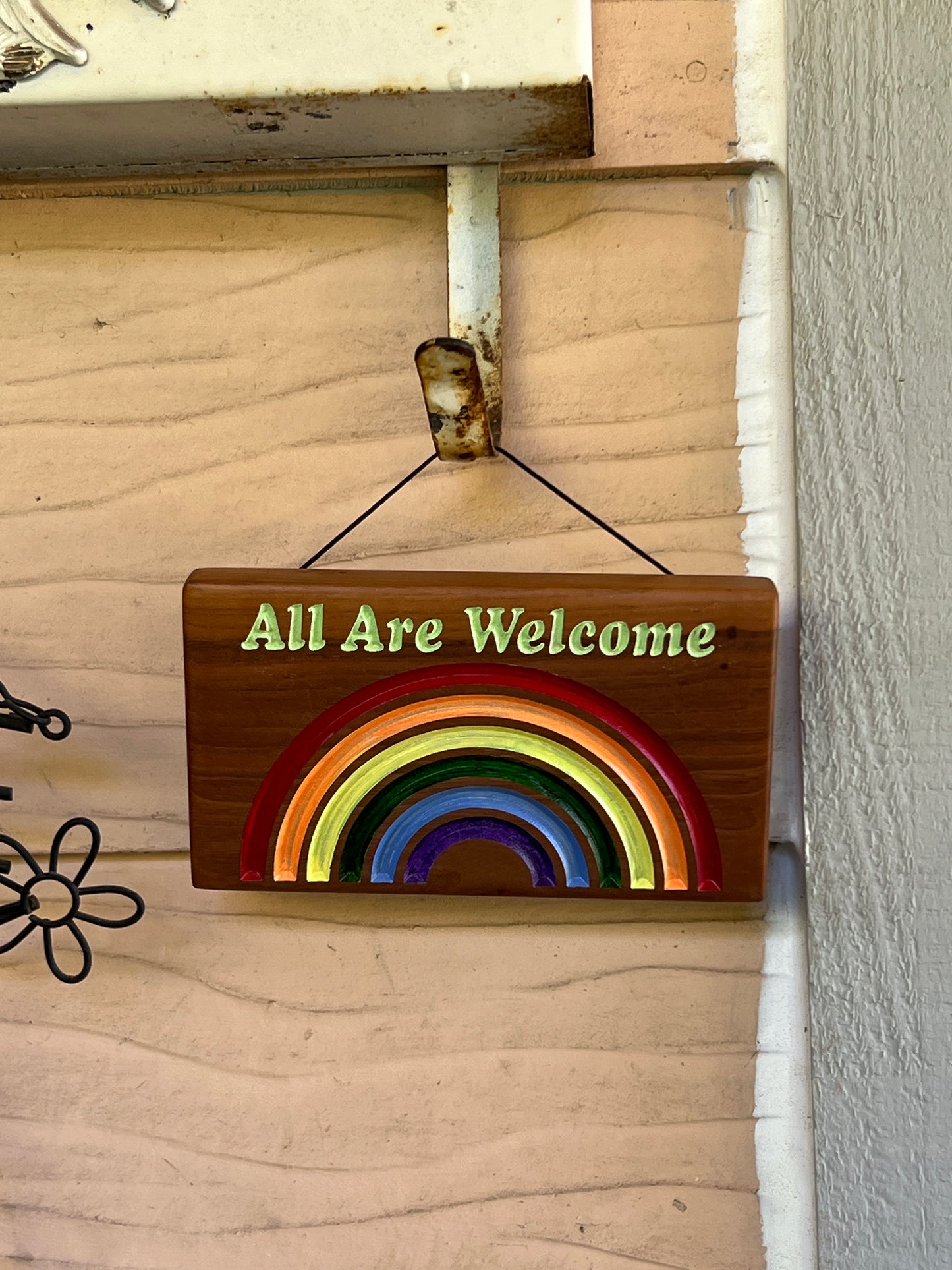 All Are Welcome Rainbow Pride Wood Sign