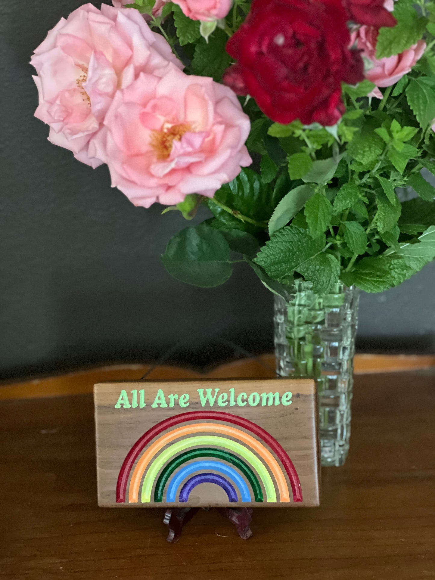 All Are Welcome Rainbow Pride Wood Sign