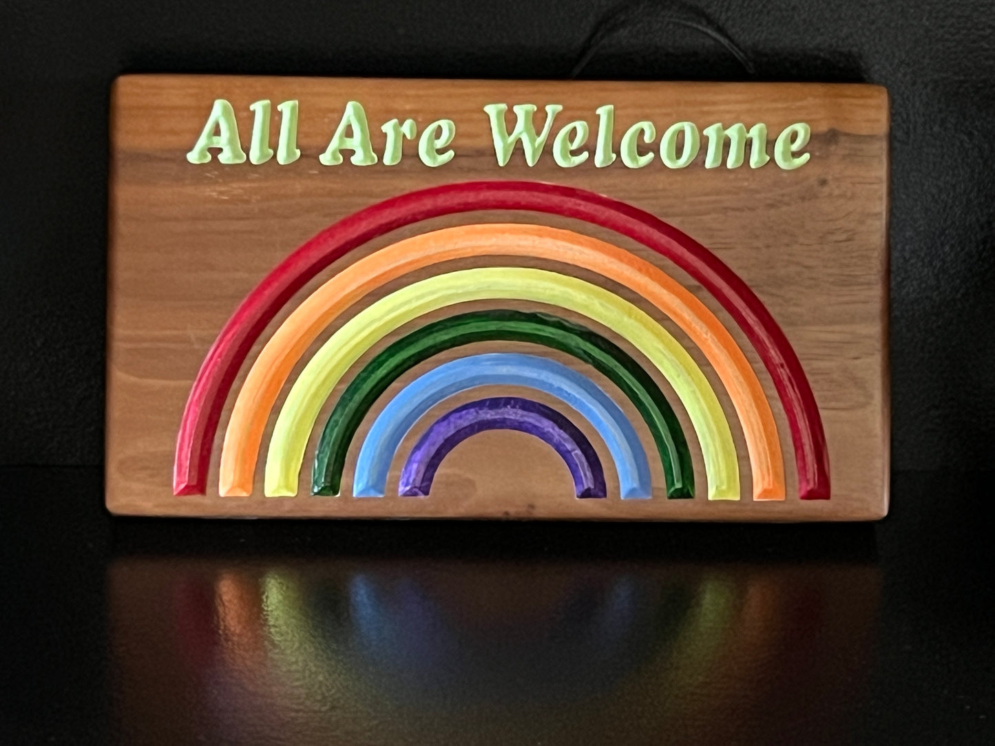 All Are Welcome Rainbow Pride Wood Sign